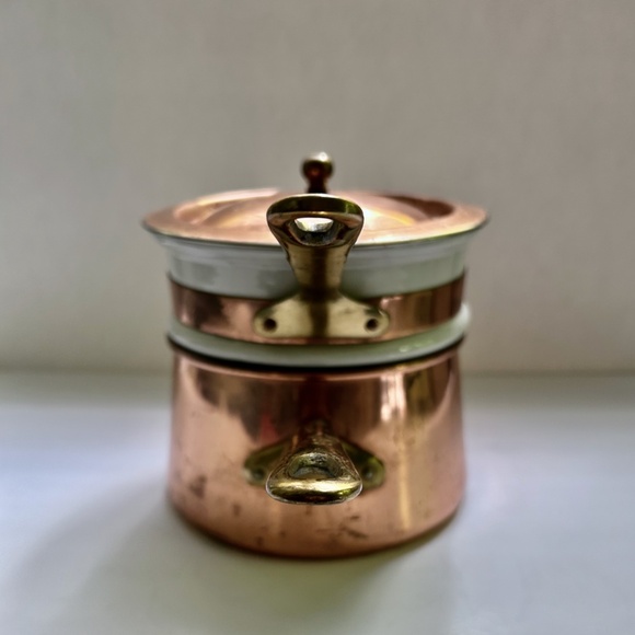 Vintage Double Brass Handled Copper & Ceramic Bain-Marie - Picture 4 of 16